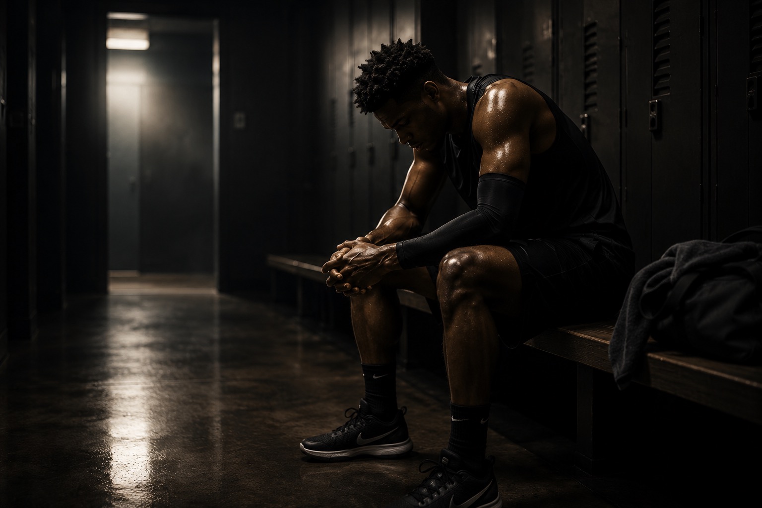 Basketball player sitting alone in a dark locker room after the game